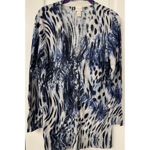 Chico's Blue Animal Print Button Up Cardigan Sweater size 2 White‎ Black